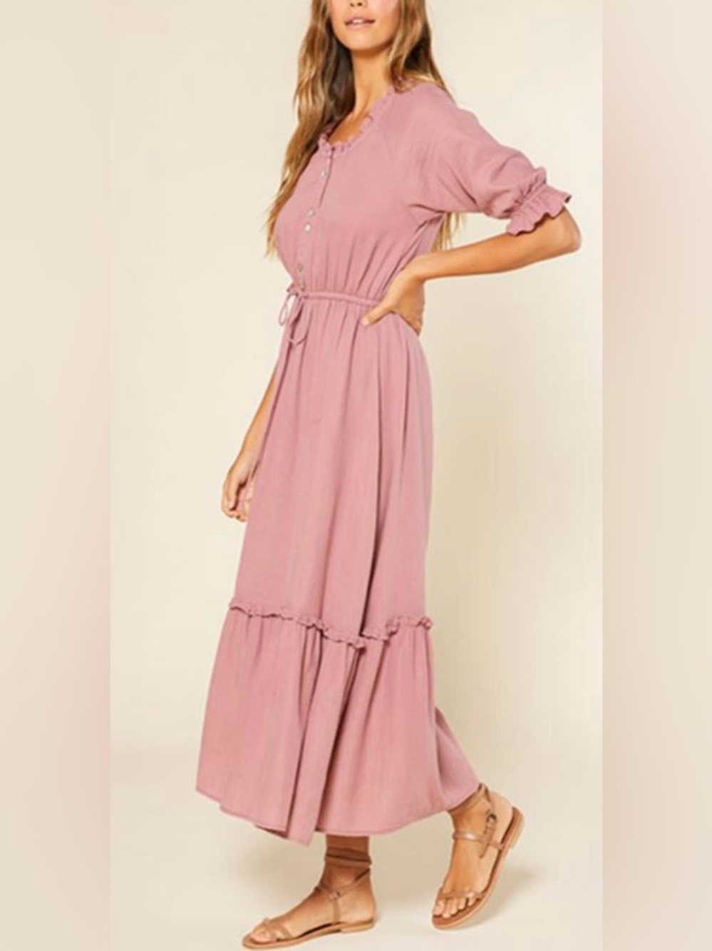 NWT Outerknown Pink Midi Dress Small Ruffle Trim Button Front Tie Waist